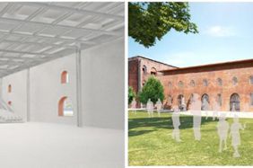 At left, a rendering of one proposed theater at the Tobacco Warehouse. The exterior at right.